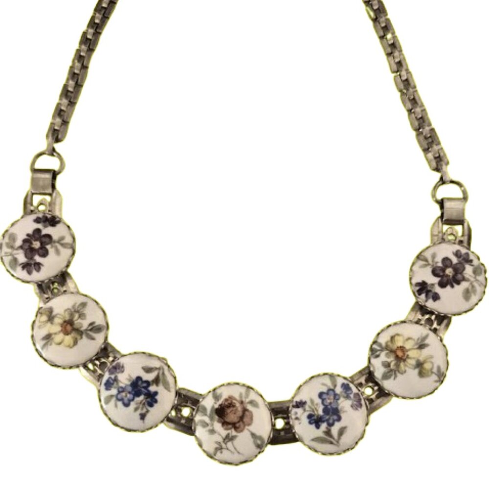 Vintage Floral Enamel Disc Necklace Set in Silver
